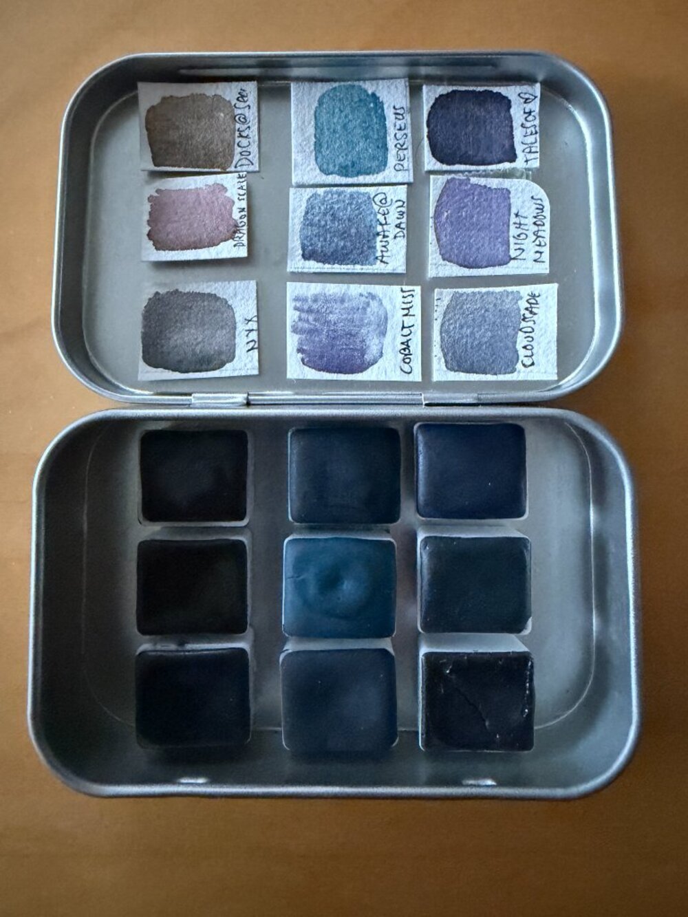 UPDATED ~ 9 Handmade Watercolours Paints ~  Half Pans in a Metal Tin